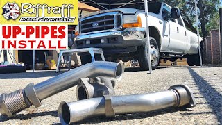 2001 F350 73  RiffRaff UpPipes Install  Stock up pipes leaking and falling apart JUNK SP [upl. by Irehs]